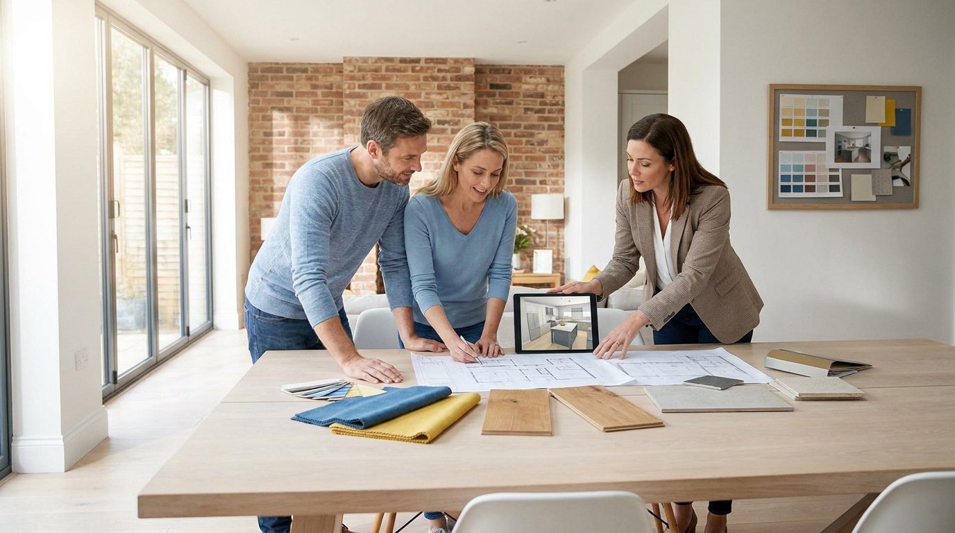 Un couple planifie sa rénovation intérieure avec une architecte autour d'une table avec des plans et des échantillons.