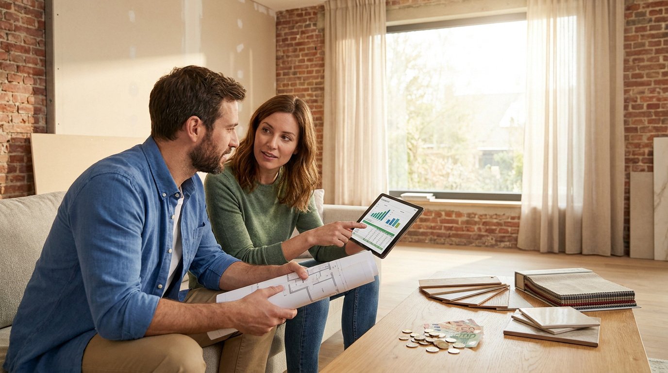 Un couple assis sur un canapé examine des plans, une tablette et des échantillons de matériaux pour une rénovation.