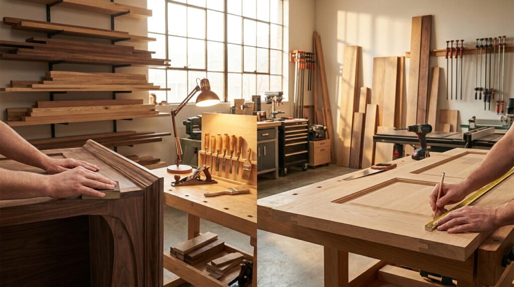 Mains d'artisan travaillant sur une porte en bois et un meuble dans un atelier de menuiserie lumineux.