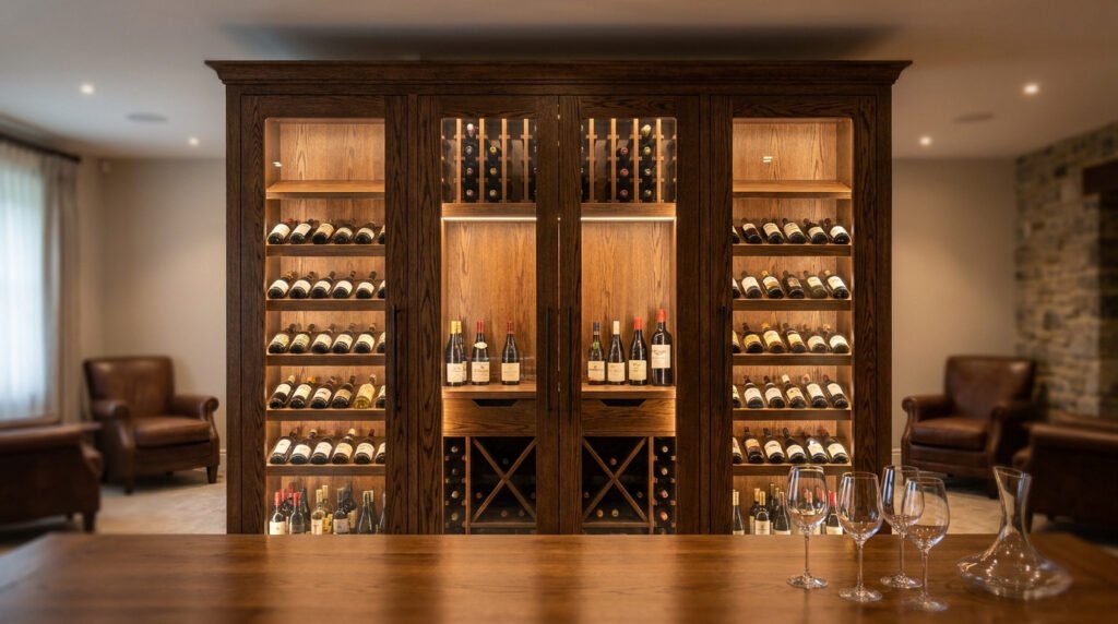 Une grande cave à vin en bois sombre éclairée, remplie de bouteilles, avec des verres et une carafe sur un comptoir.
