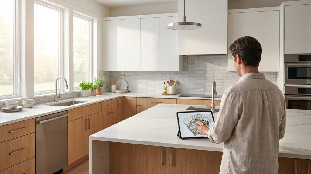 Un homme utilise une tablette pour visualiser un plan 3D de cuisine moderne dans un espace lumineux.