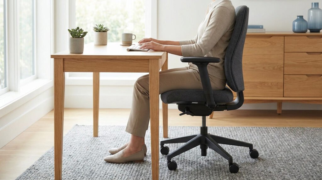 Une personne assise à un bureau en bois, pieds à plat, utilisant un clavier avec une posture ergonomique correcte.