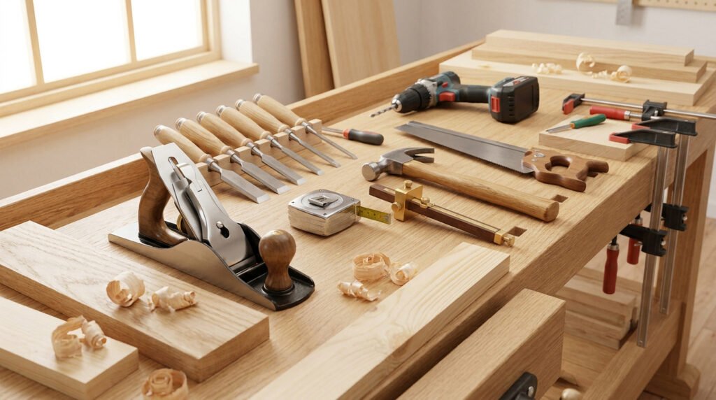 Établi en bois avec rabot, ciseaux à bois, perceuse, marteau, scie et serre-joints disposés pour un projet de menuiserie.