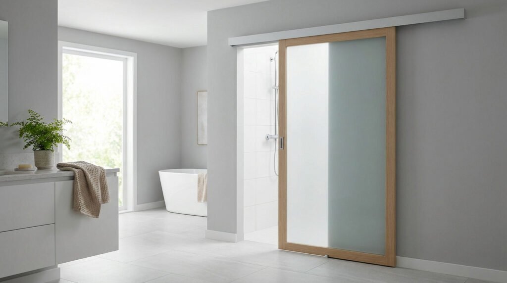 Salle de bain moderne avec une porte coulissante en bois clair et verre dépoli menant à une douche.