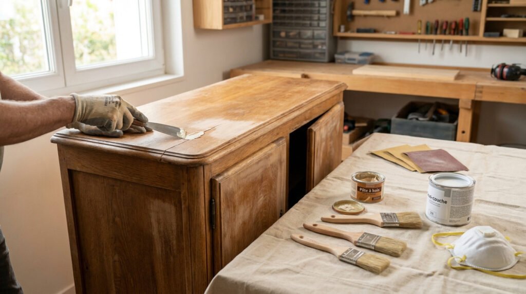 Une personne applique de la pâte à bois sur un meuble vintage avec une spatule dans un atelier de menuiserie.