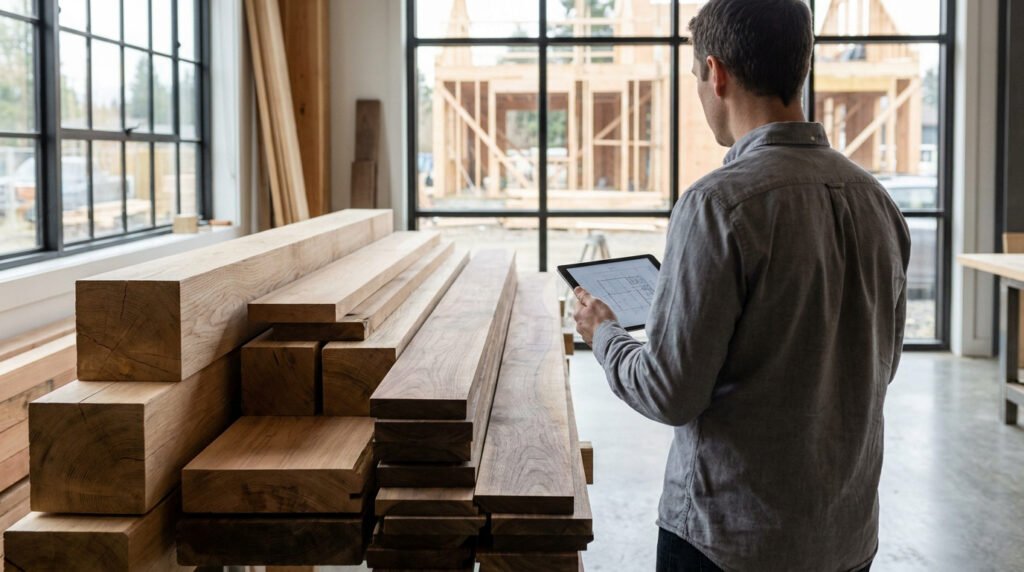 Un professionnel consulte une tablette devant un stock de poutres en bois avec une ossature de maison en arrière-plan.
