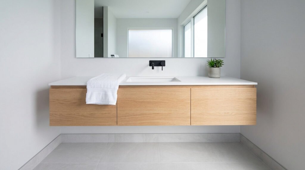 Meuble de salle de bain suspendu en bois clair avec vasque blanche et robinetterie noire dans une pièce lumineuse.